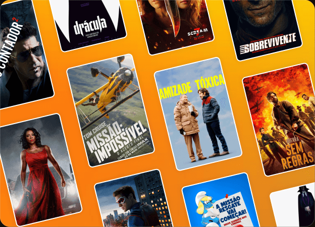 Mosaico de cartazes dos filmes disponíveis no Mil Play